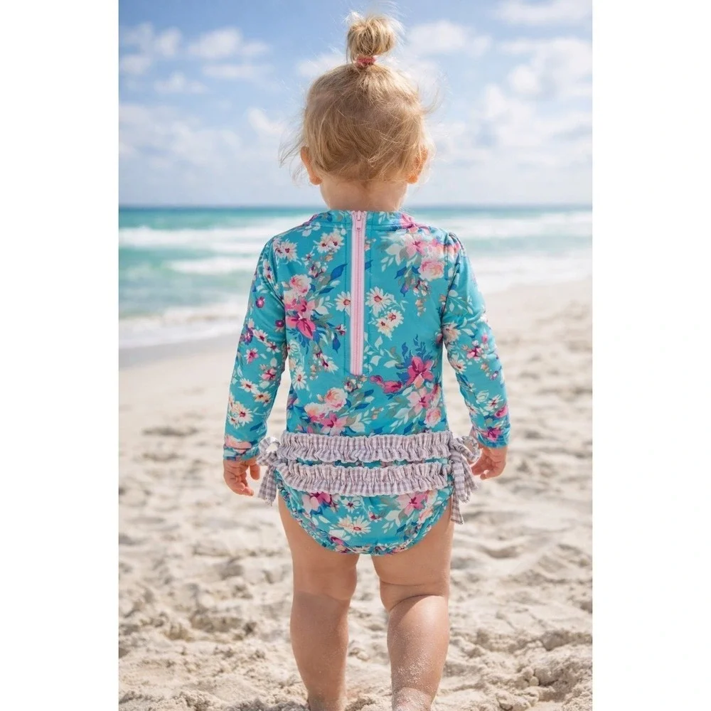Ruffle Butts Floral Rash Guard Swimsuit Baby Girl 6-12M Long Sleeve‎